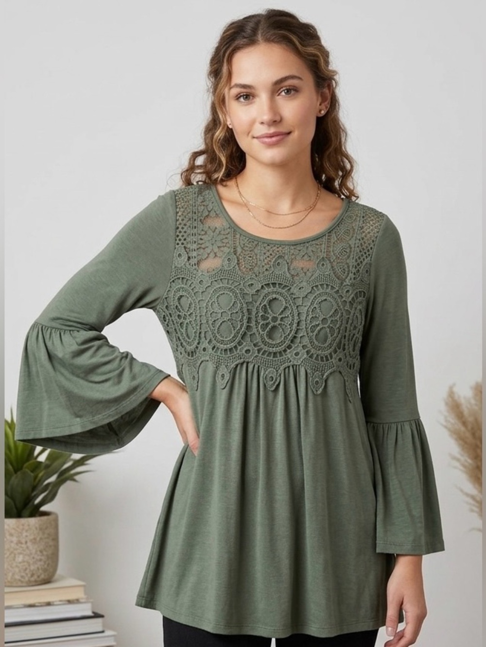 Absolutely Famous Olive Crochet Yoke Ruffle Sleeve Camisole